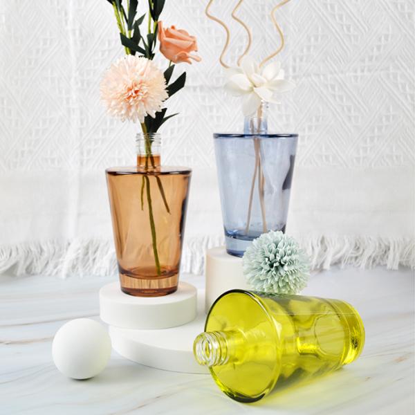 Inverted Cone Decorative Reed Aroma Diffuser Glass Bottle 90ml With Wooden Cap