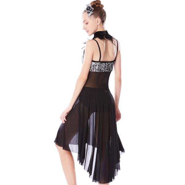 MiDee Lyrical Dress Modern Dance Costumes Heavy Sequins Silver/Back With Feather Neck Wear For Solo Performance