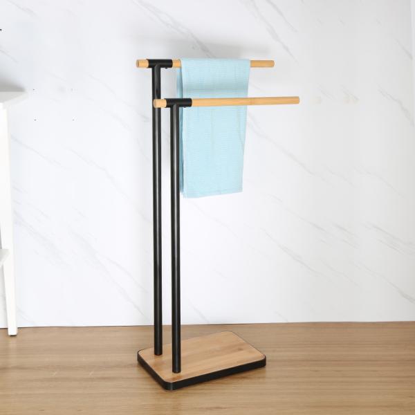 HEATED Black Bamboo Bathroom Towel Stand Metal Towel Rack