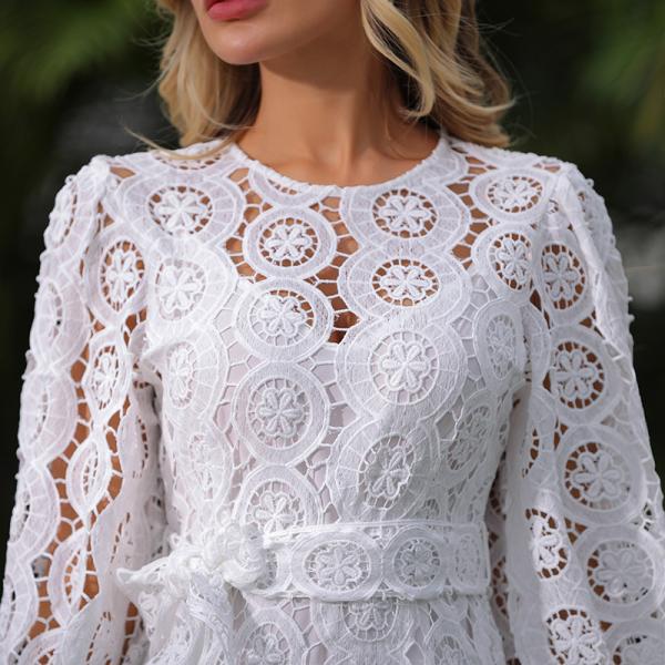 Summer Fashion Round Neck Lantern Sleeve Lace Lace Up Front Lantern Sleeve Lace Crochet Mini Dress In White