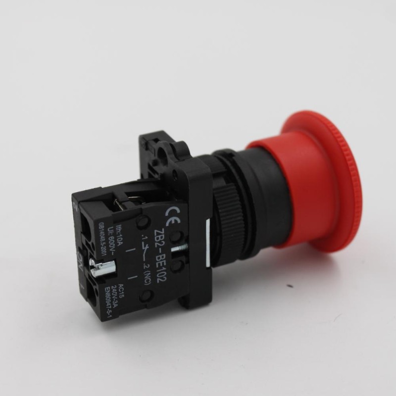 XB2-ES542 22mm Mushroom Head Push Button Switch Emergency Stop 10A Max. Current IP65 Level Plastic Brass Material 1NC