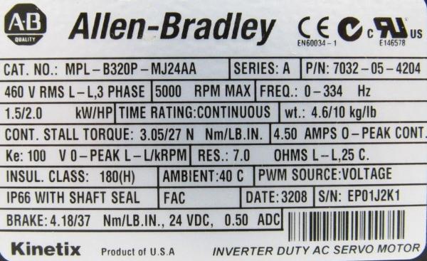 ALLEN-BRADLEY MPL-B320P-MJ24AA MP-Series MPL 480V AC Rotary Servo Motor