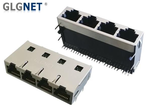 Side Entry Rj45 Female Connector 4 Ports Through Hole Mounting Type