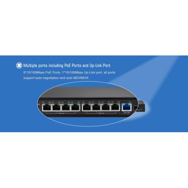 Black 8 Port Gigabit 48V Power Over Ethernet Switch / 1 Uplink / 1 SFP