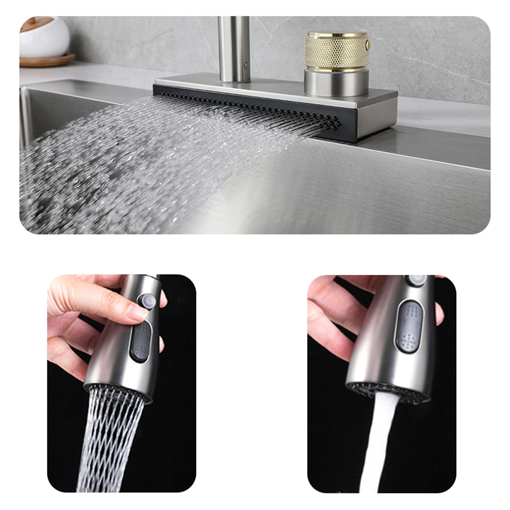 Popular Waterfall Faucet 304 Stainless Steel Hot And Cold Rainfall Kitchen Sink Water Taps Pull Out Spray Kitchen Sink Faucet