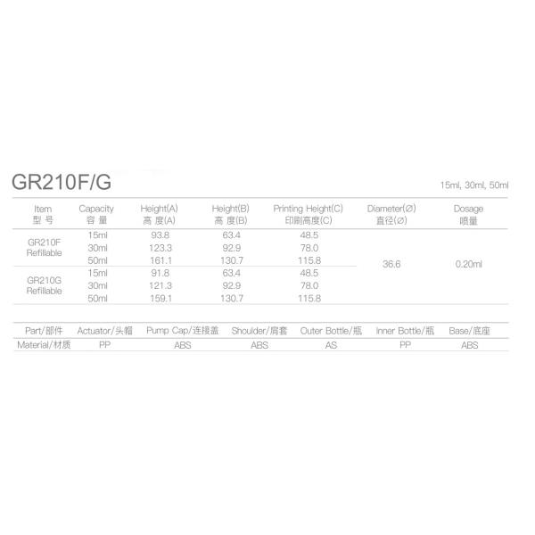 Serie GR210G Botellas de bomba sin aire de 50 ml interior rellenables al por mayor