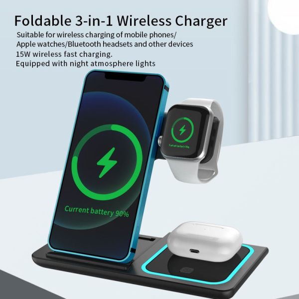 3 In 1 Magnetic Wireless Charger Stand With Fast Charging 15W For iPhone Watch Mobile Phone