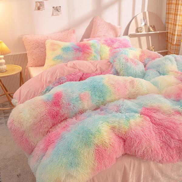 Rainbow Color Faux Fur Velvet Fluffy Plush Bedding Set for Modern Home and Decoration