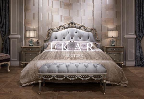 French Style Blue Fabric Leather Headboard Hand Carved Luxury Antique Bed