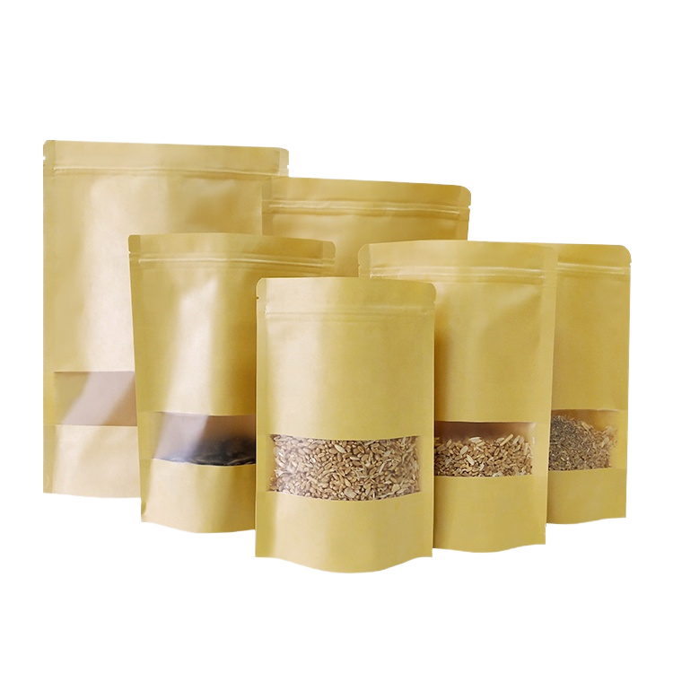 Multi-Size Recycled Kraft Paper Bag with Clear Window and Resealable Zipper for Food Grade Dry Storage