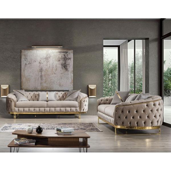 Luxury Beige Sofa Set Furniture Velvet 1 2 3 Seat Gold Stainless Steel Living Room Sofas