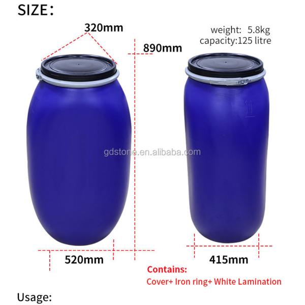 125L Chemical Plastic HDPE Open Top Drum With Iron Hoop Ring 80 Degree