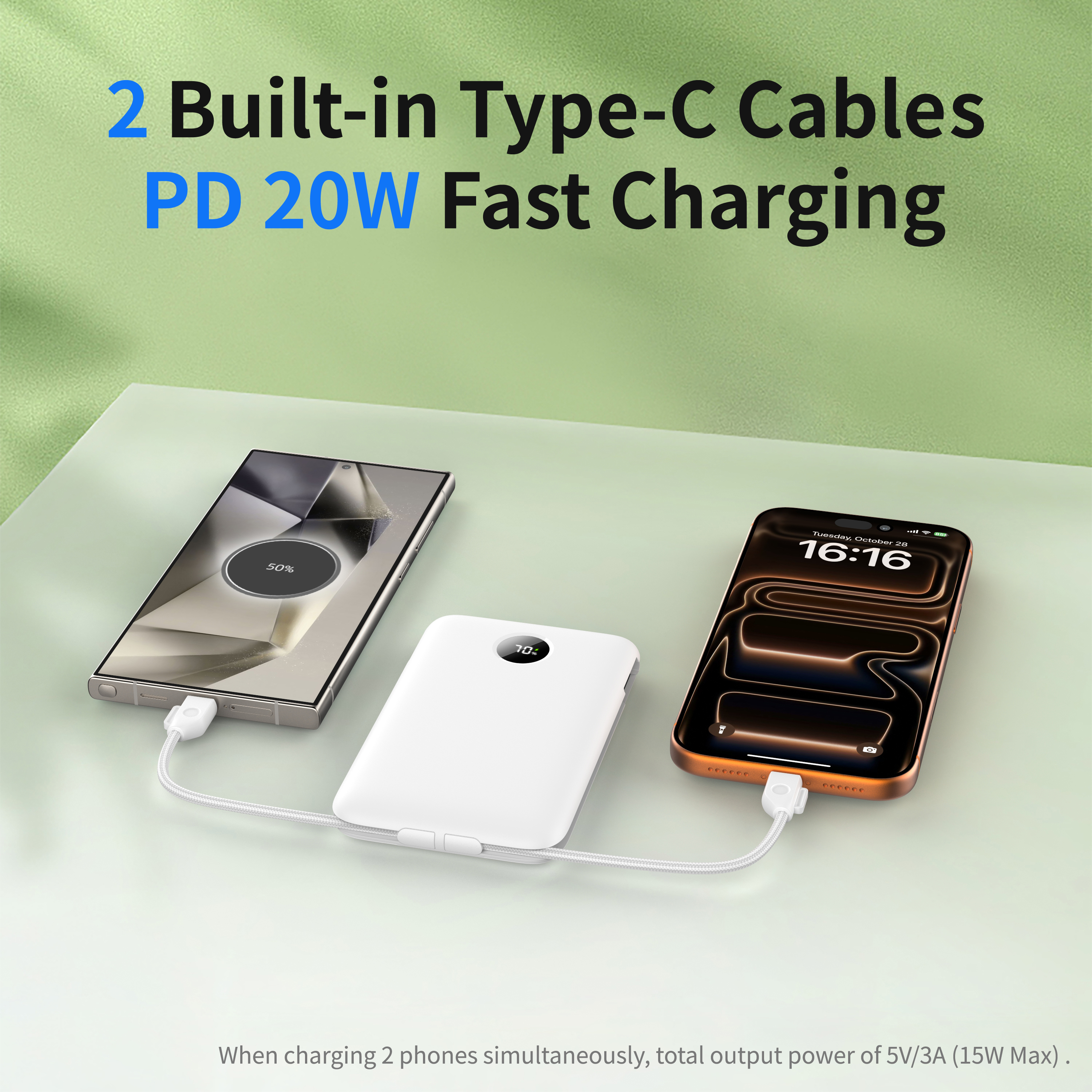Built In Cable Power Bank Slim Portable Charger Providing Power Supply and Built In Connectors for Mobile Devices and Gadgets