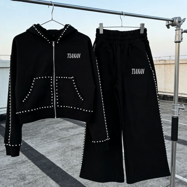 Wholesale Pearl Diamond Fashion Men Clothing Sweatsuit Heavyweight Zip up Streetwear Tracksuit Custom Hoodie and Pants Sets