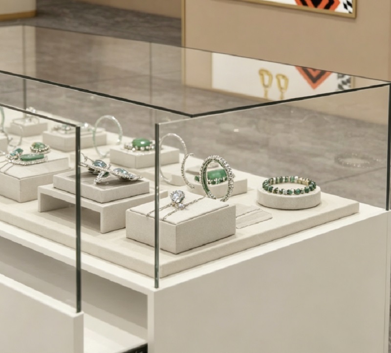 Modern Minimalist White Glass Jewelry Display Counter, Lockable Retail Showcase with Storage Drawers