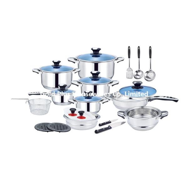 Pots and pans 25pcs non stick soup pot stainless steel kitchen utensils long handle noodle pot with blue glass lid