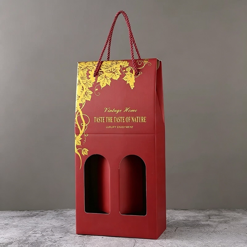 Corrugated Wine Packaging Boxes Window Rope Handle For Bottle Gift