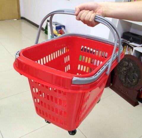 Red Rolling Plastic Shopping Trolley Basket / Portable Storage Basket With Wheels