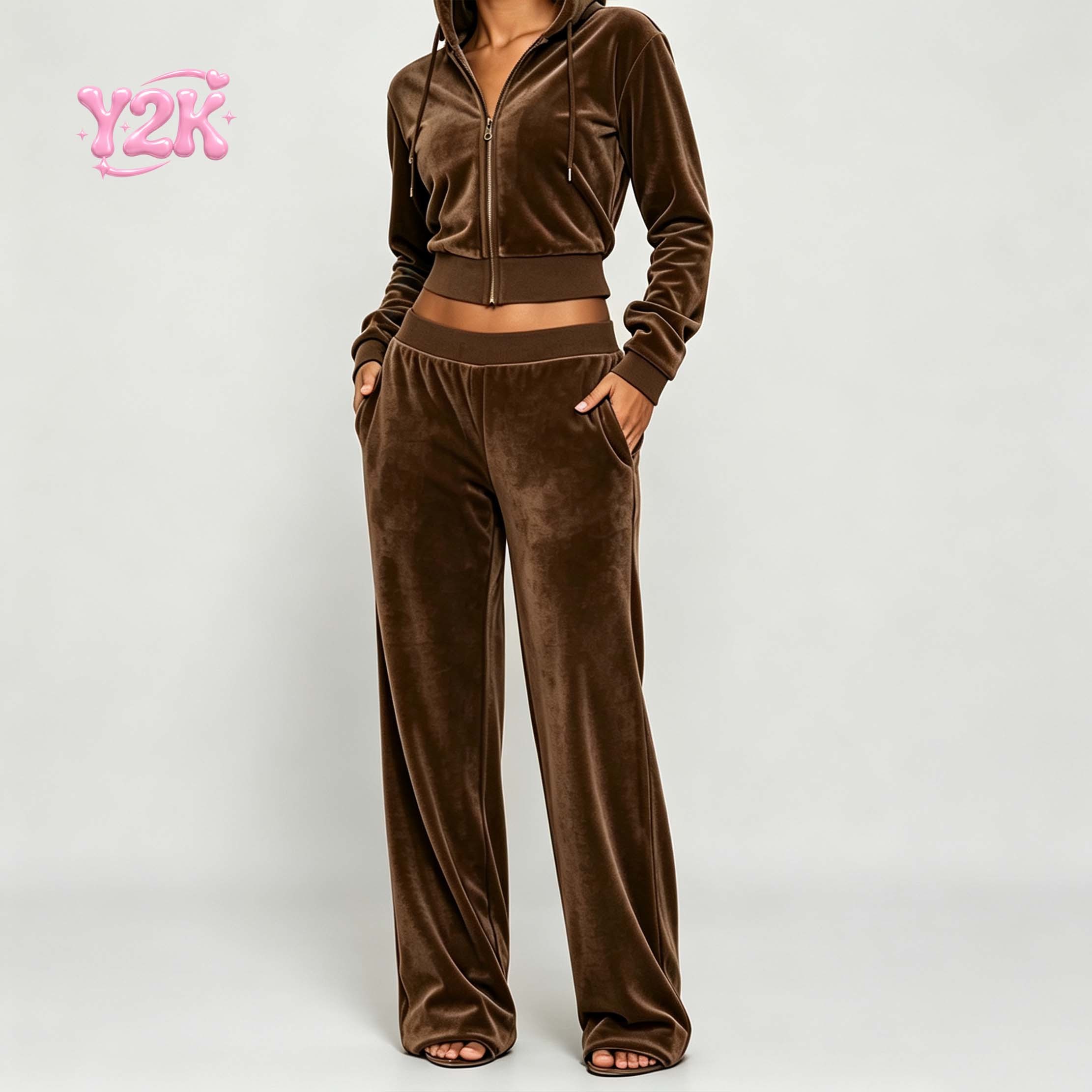 Custom Women's Rhinestone Velour Zip Hoodie Wide Leg Pants Set