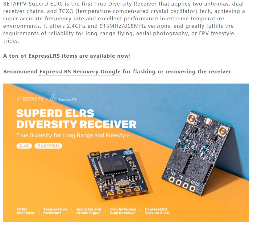 BETAFPV SuperD ELRS Diversity Receiver 2.4G/918MHz/868 For Drones Accessories