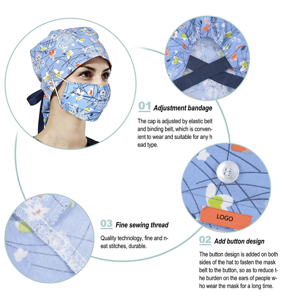 Cotton Disposable Scrub Caps , Disposable Surgical Caps With Buttons