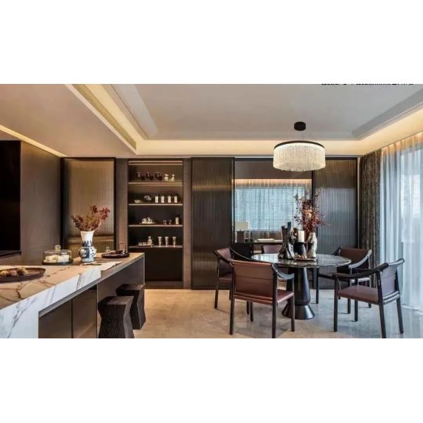 OEM/ODM CUSTOM MODERN LUXURY DINING ROOM FURNITURE COLLECTION | NATURAL MARBLE TOP, BRASS BASE, CUSTOM LEATHER CHAIRS FOR VILLA & APARTMENT