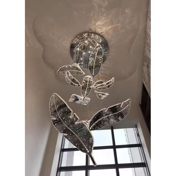 Luxury Crystal Feather Chandelier Modern Leaf Pendant Light for Staircase & Villa