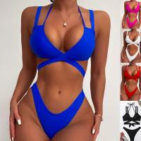 Costura azul sexy bikini gaze cintura alta bikini de mulher de uma peça