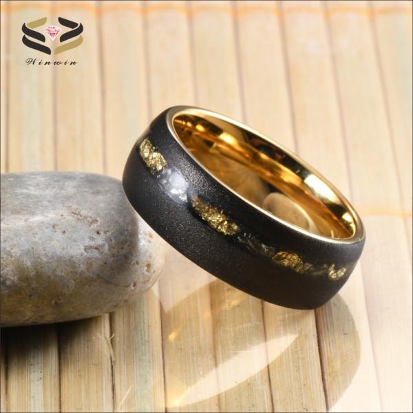 Men Crushed Meteorite Tungsten Ring Sandblasted Gold And Black Gold Foil 8mm