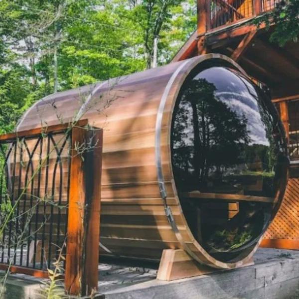 Panoramic Window Outdoor Steam Wooden Barrel Sauna With Electric Stove