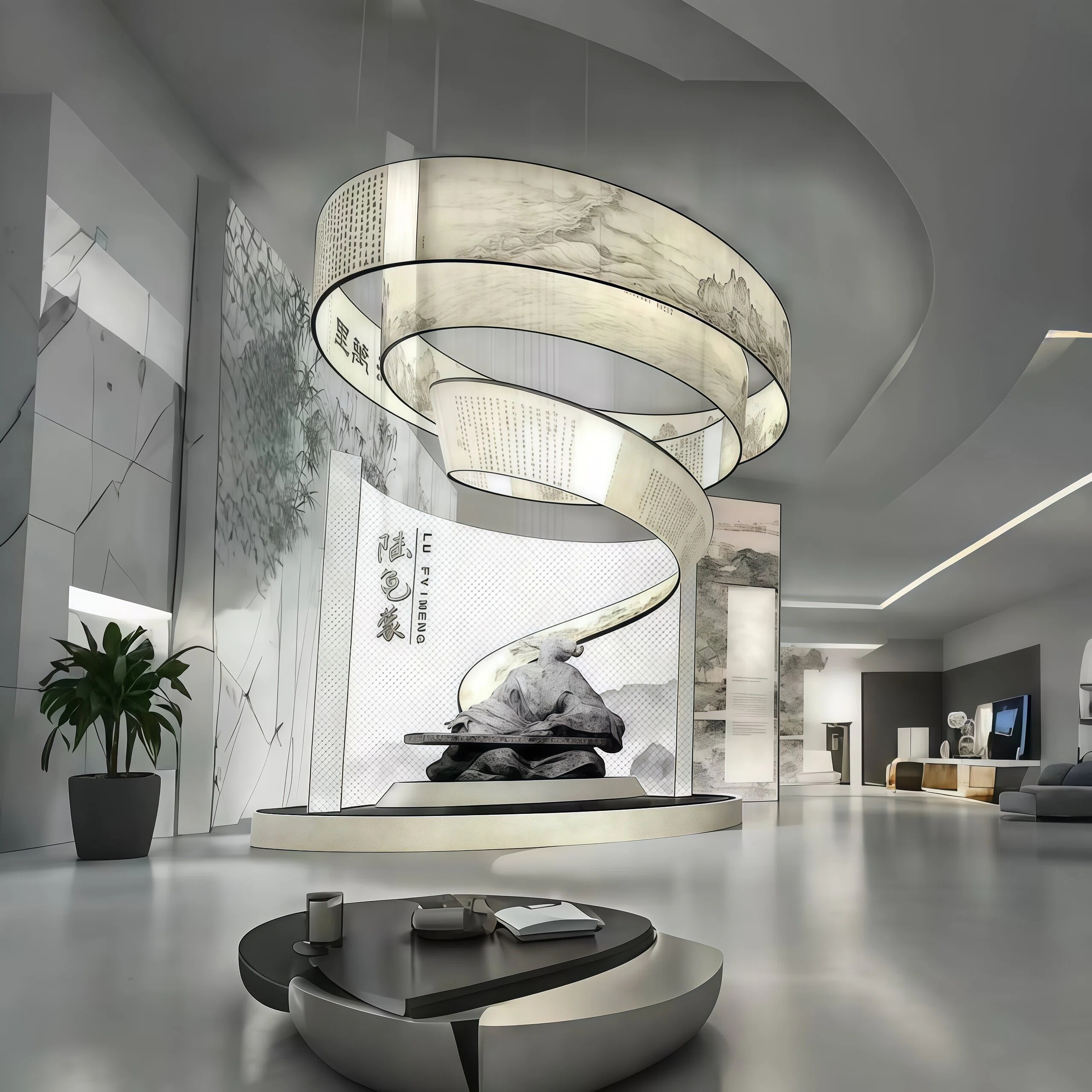 JYLIGHTING Chinese Landscape Printed PET Spiral Art Installation Light, Custom Curved Ribbon LED Sculpture Lighting for Banquet Hall & Hotel Lobby