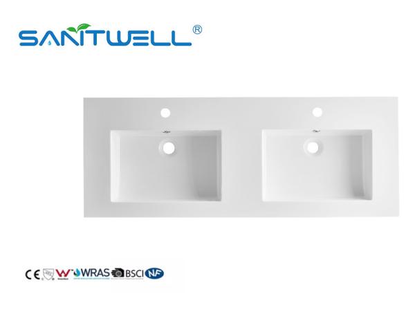 SWME-1200 Wholesale Sanitary Ware Double Hand Stone Resin Basins Glossy White Cabinet Basins For Bathroom Sinks