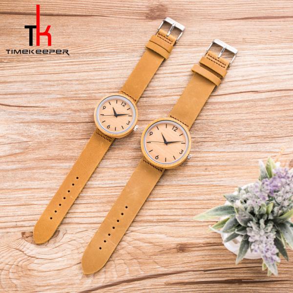 Round Dial Wood Minimalist Leather Watch Quartz Water Proof For Dress