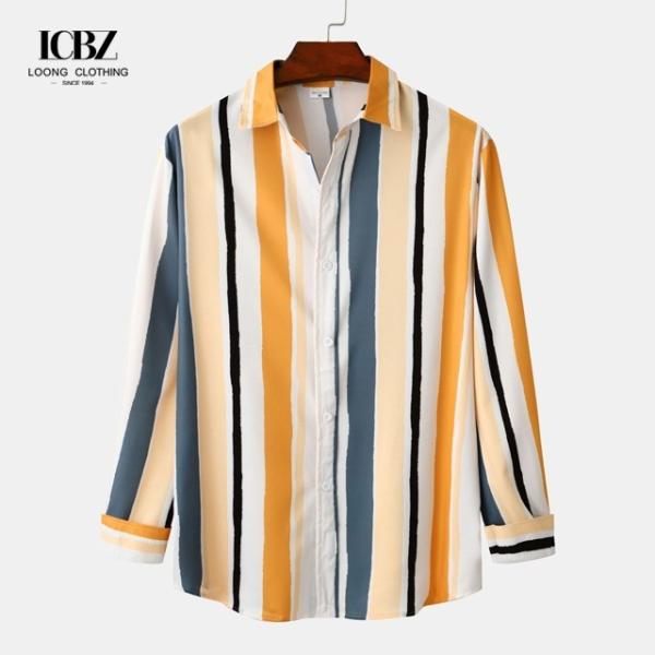 Logotipo personalizado Camisa casual com listras verticais para homens em viscose/poliéster/espandêx
