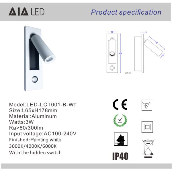 Contemporary embedded mounted Gold Brushed led wall lamps 3W led wall light led reading bedside wall light