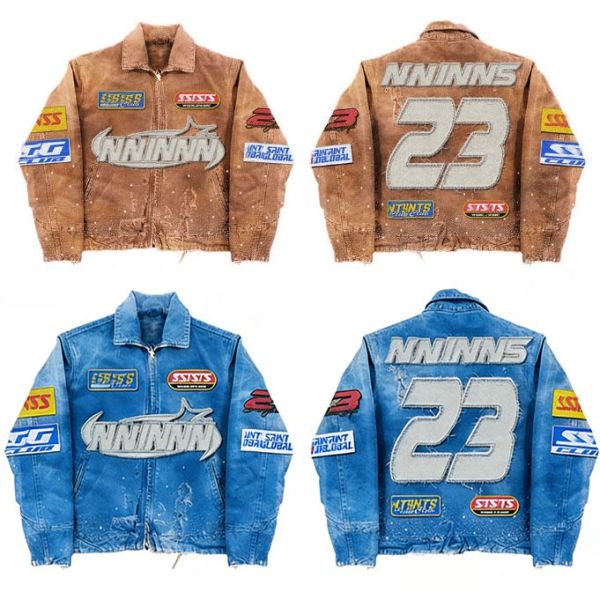 Custom Designer Vintage Distressed Windbreaker Denim Jacket Joggers Embroidery Rhinestone Plus Size Varsity Coat Jacket for Men