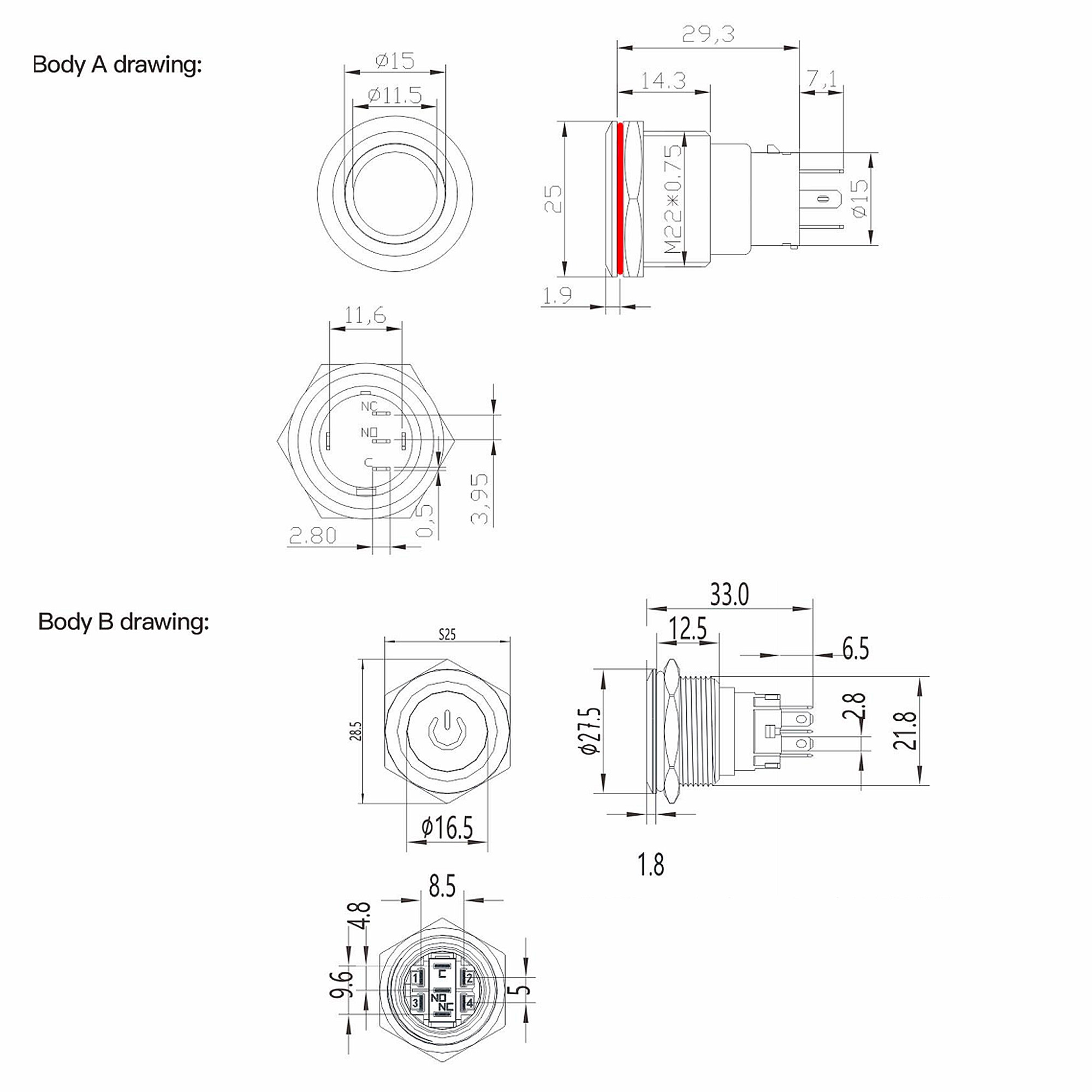22mm IP67 Momentary Metal Push Button Switch With Double Pole Double Throw