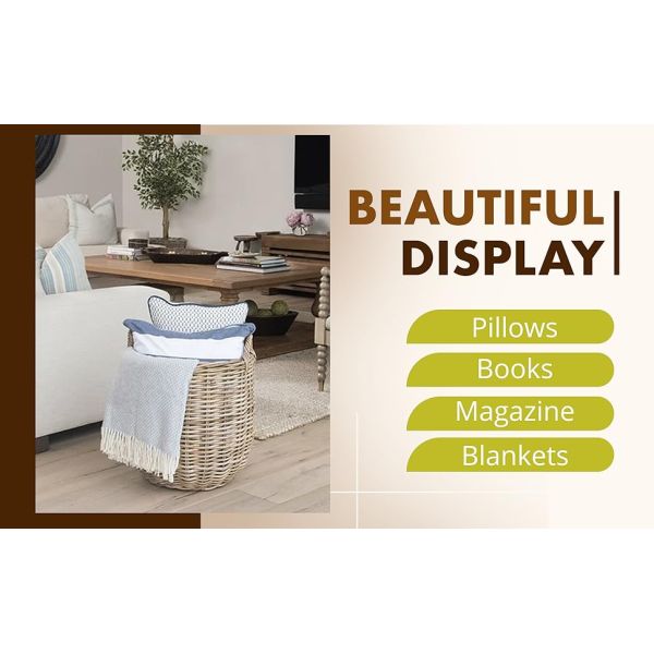 Rattan Kobo Round Storage Basket, Handwoven Rattan Basket With Handles, Organization & Home Decor For Storage, Gray-Brown