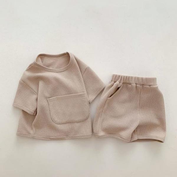 T-shirts faits sur commande de broderie de coton du tissu 2Pcs de gaufre d'enfants en bas âge réglés été Loungewear