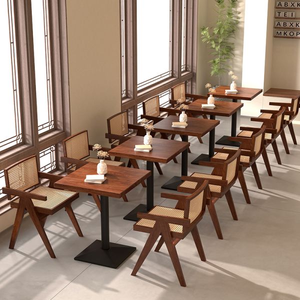 Solid Wood Dining Table Cafeteria Restaurant  bar Cafe Commercial Rattan Tables and Chairs