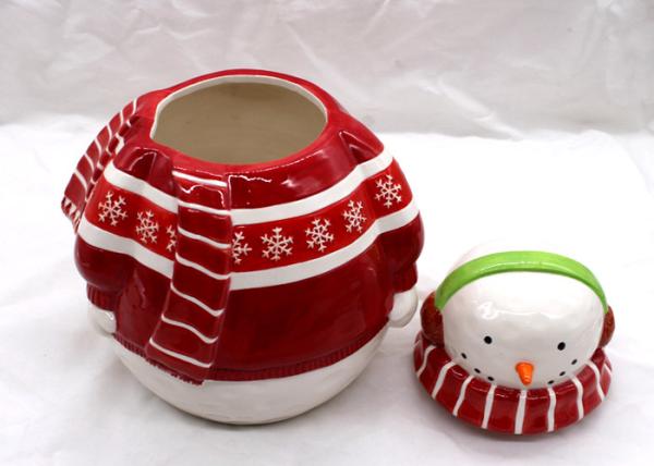 Home Ceramic Cookie Jar / Christmas Snowman Cookie Jar With Headphone Dolomite Material