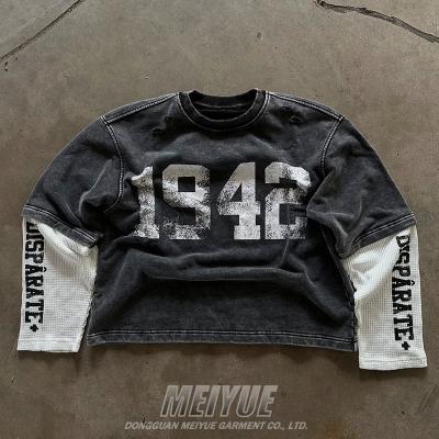Logo imprimé sur écran sur mesure Double couche Waffle Longue manche T-shirt lavage à l'acide Hommes en détresse Sweat-shirt vintage T-shirt pour hommes