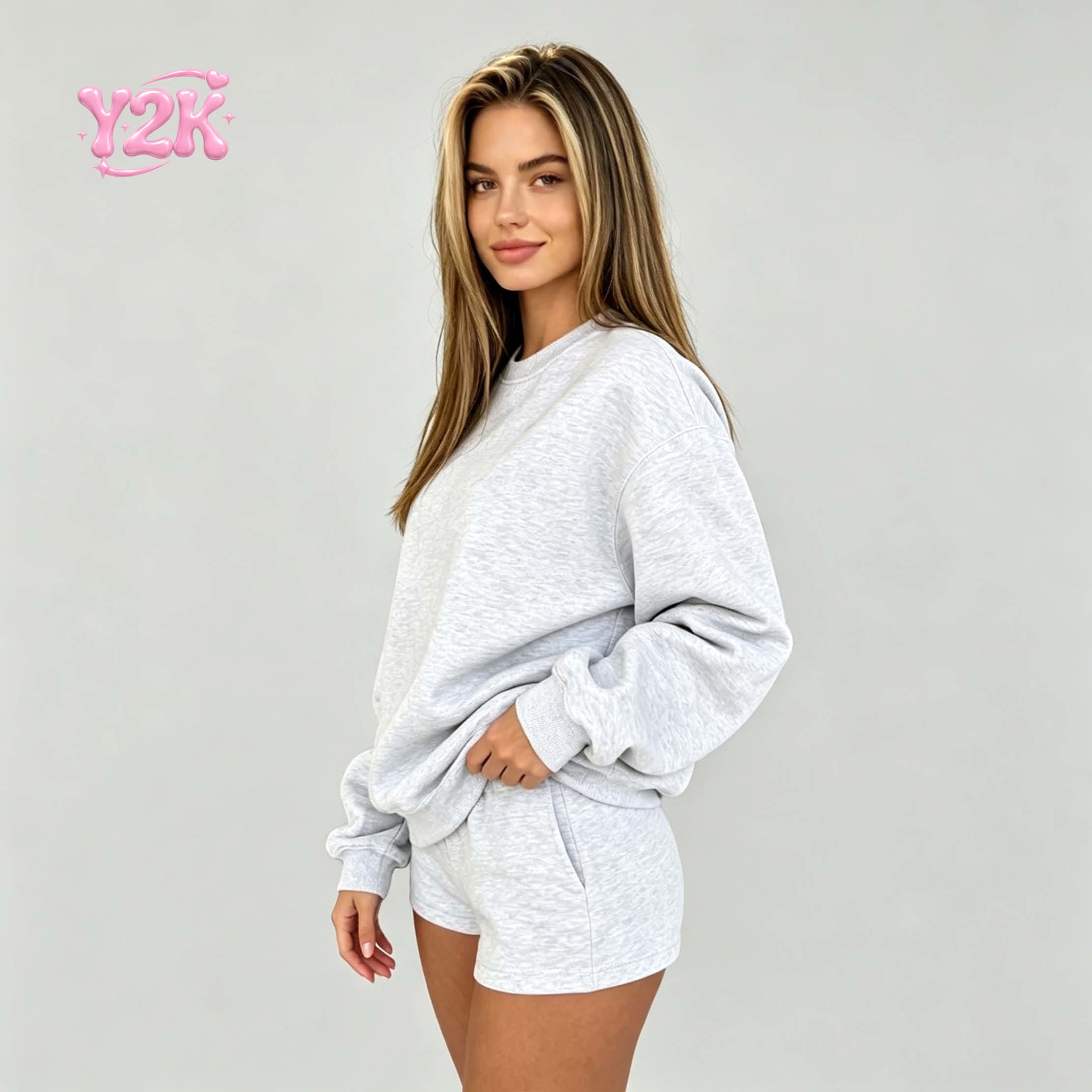 Custom Grey Cropped Sweatshirt & High Waist Shorts Lounge Set