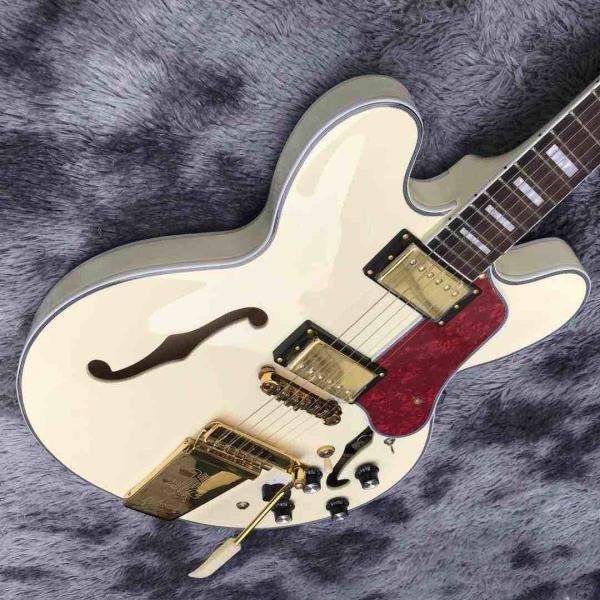 Double F-Holes Hollow Body Jazz Electric Guitar Ebony Fretboard Tremolo System in White