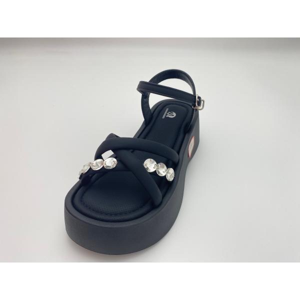 Women black bottomed sandals with rhinestone genuine leather in summer