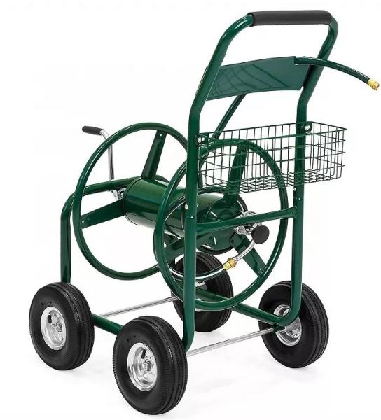 Stainless Steel Heavy Duty 4-Wheel Metal Garden Water Hose Holder for Outdoor Storage