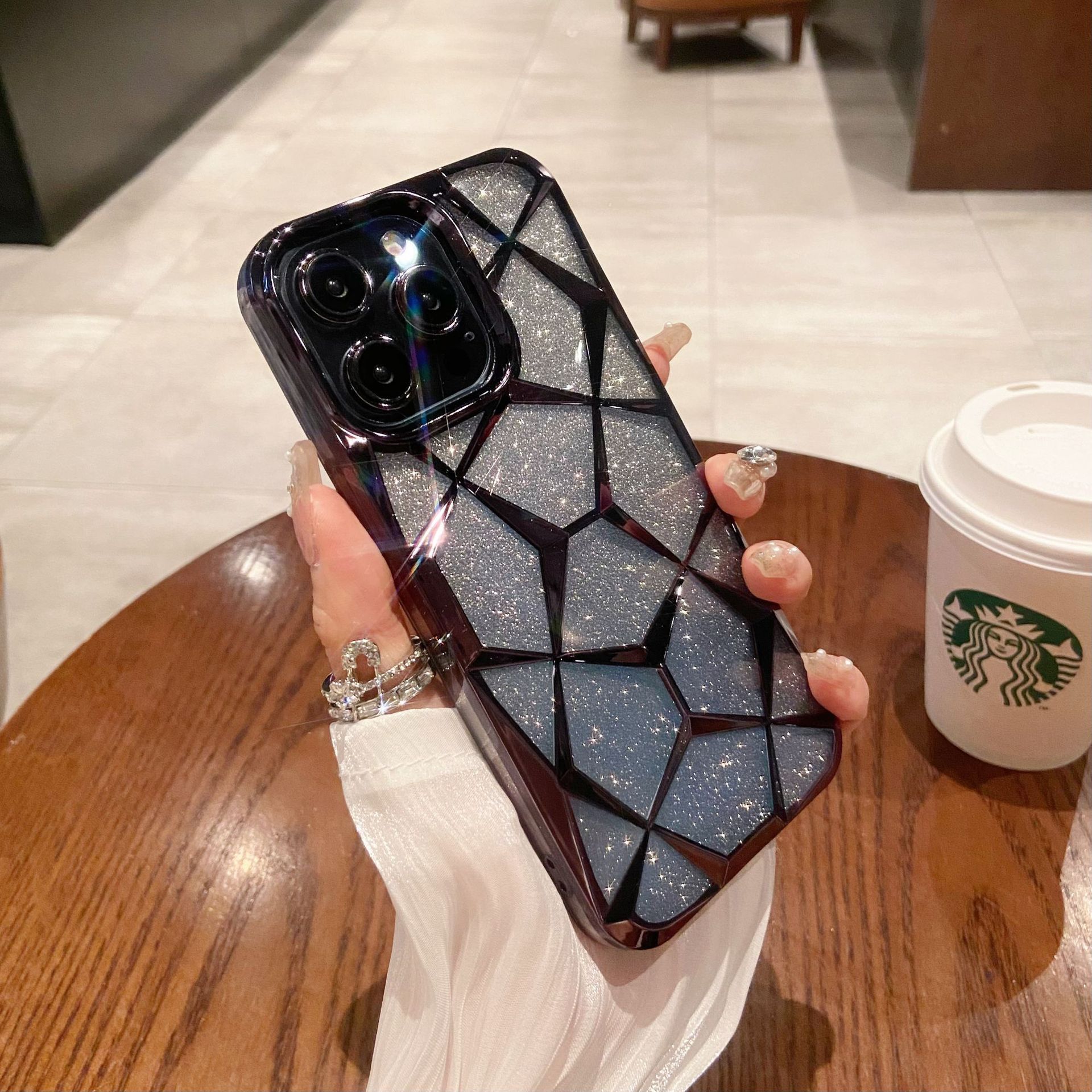 PC Premium Geometric Quilted Gradient Glitter Soft Waterproof Shockproof Mobile Phone Case for for 11 12 13 14 15 Pro Max