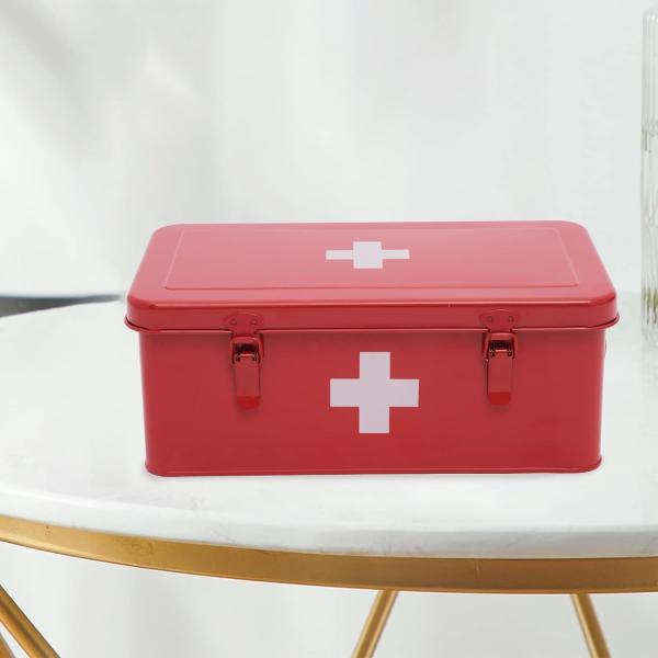 First Aid Kit Supplies Bin, Metal Medicine Storage Tin, First Aid Empty Box with Safety Lock Home Emergency Tool Set
