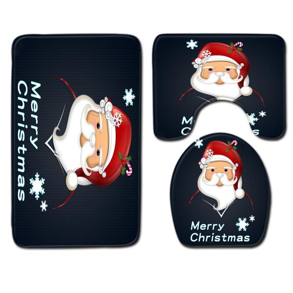 Santa Christmas Toilet Seat Cushion Polyester 3 Piece Bath Rug Set
