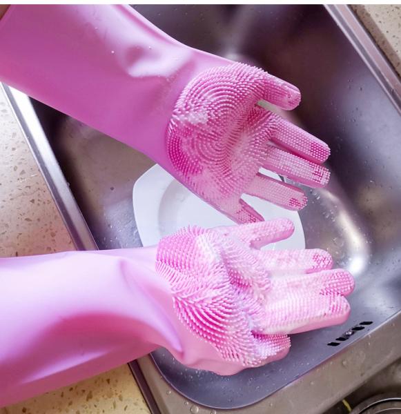 Cleaning Silicone Sponge Dishwashing Gloves  Reusable Brush Scrubber Gloves For Housework, Kitchen